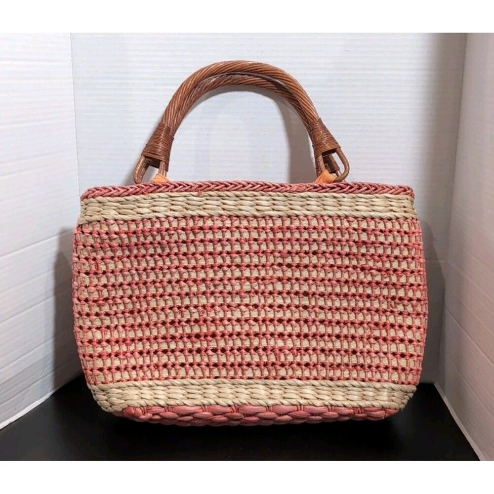 The Sak Tote Bag Womens Medium Tan/Orange Woven Straw Summer Boho Beach Bag  GUC